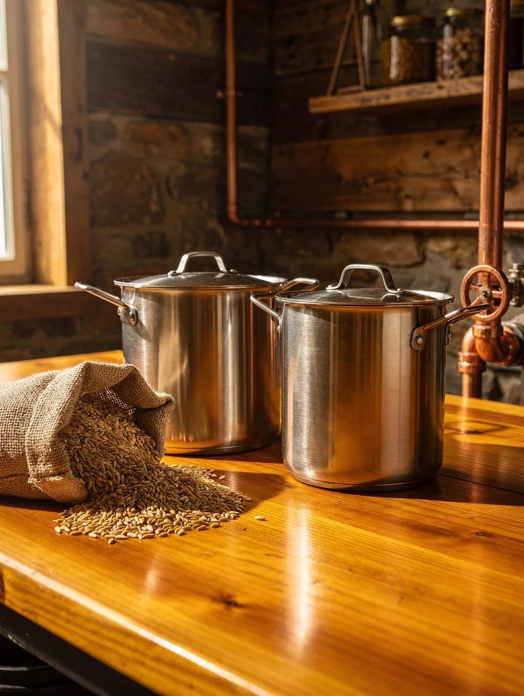 Brushed stainless steel all-in-one brewing system with hops, malt, and testing equipment